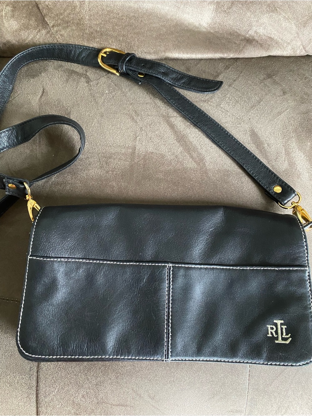 Ralph Lauren Black Leather Crossbody with Gold RL Monogram